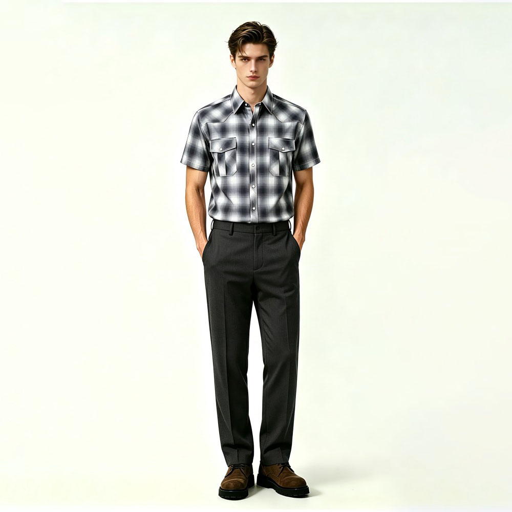 Chemise d&eacute;contract&eacute;e &agrave; carreaux pour hommes, coupe r&eacute;guli&egrave;re